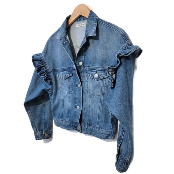 Mavi Jeans Co. Crop Ruffle Shoulder Medium Wash Denim Jacket Size XS - Picture 3 of 8